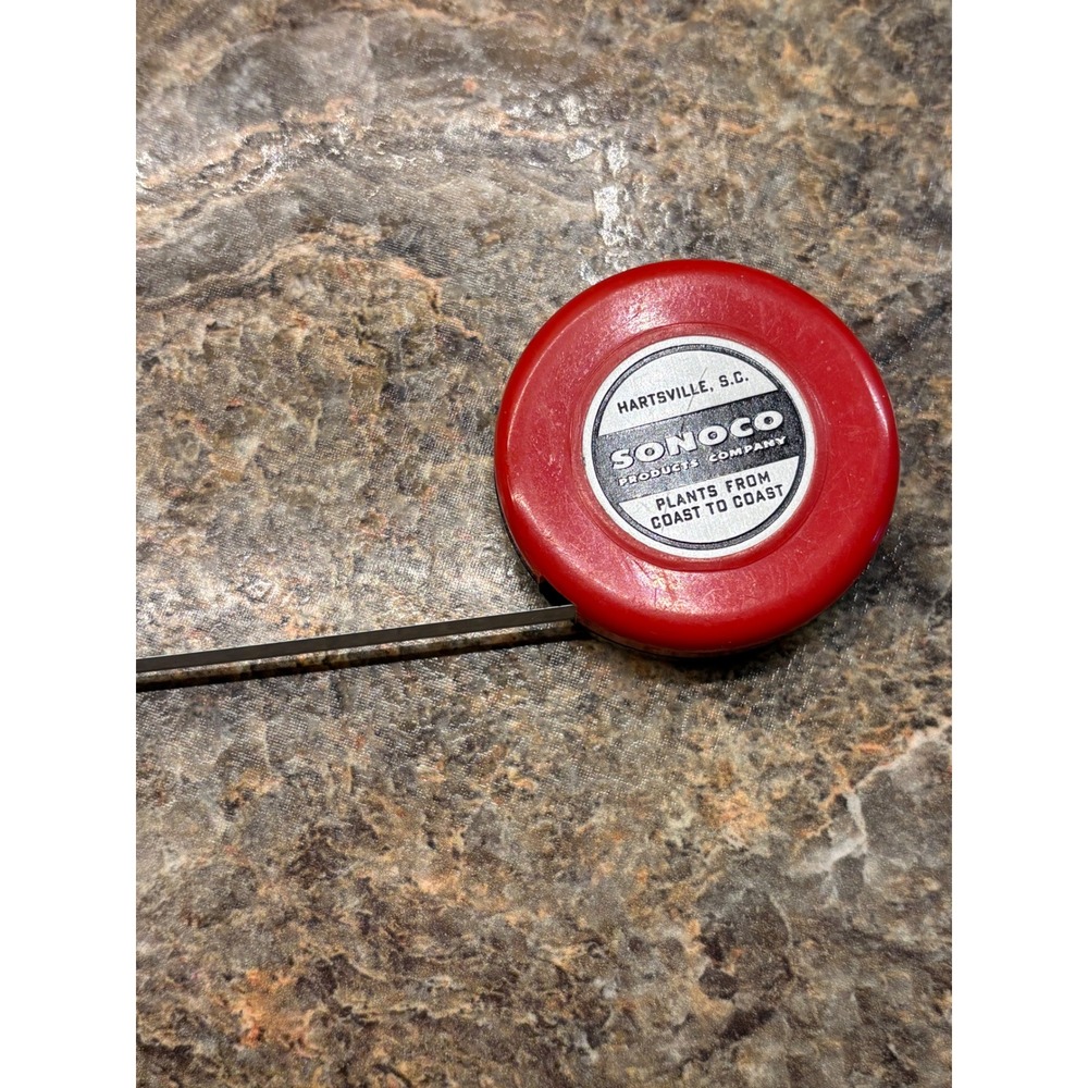 1955 Sonoco Products Company Pocket Tape Measure Hartsville SC Red Retractable
